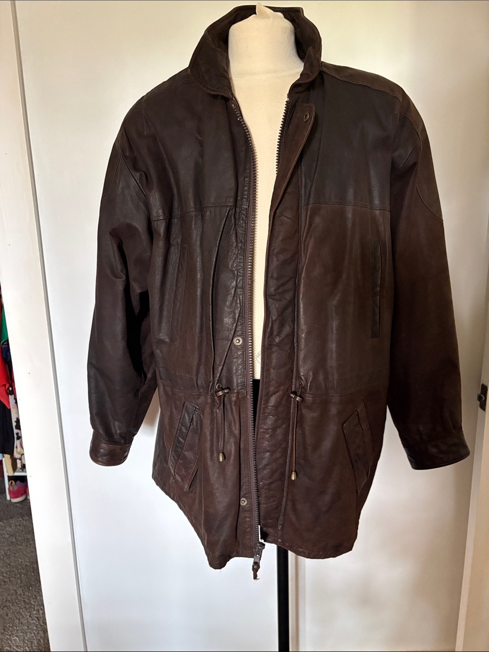Men's Brown Leather Shirt Jacket with Zip & Drawstring
